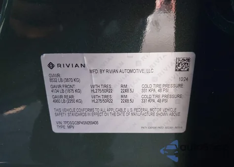 2025 Rivian R1S Ascend Tri Motor Max Pack/Premium Tri Motor Max Pack z USA, uszkodzony, nr VIN 7PDSGCBP4SN059406